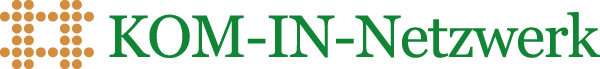 Logo of the KOM-IN network. A square drawn with yellow dots and the text 'KOM-IN-Netzwerk' in green on the right.